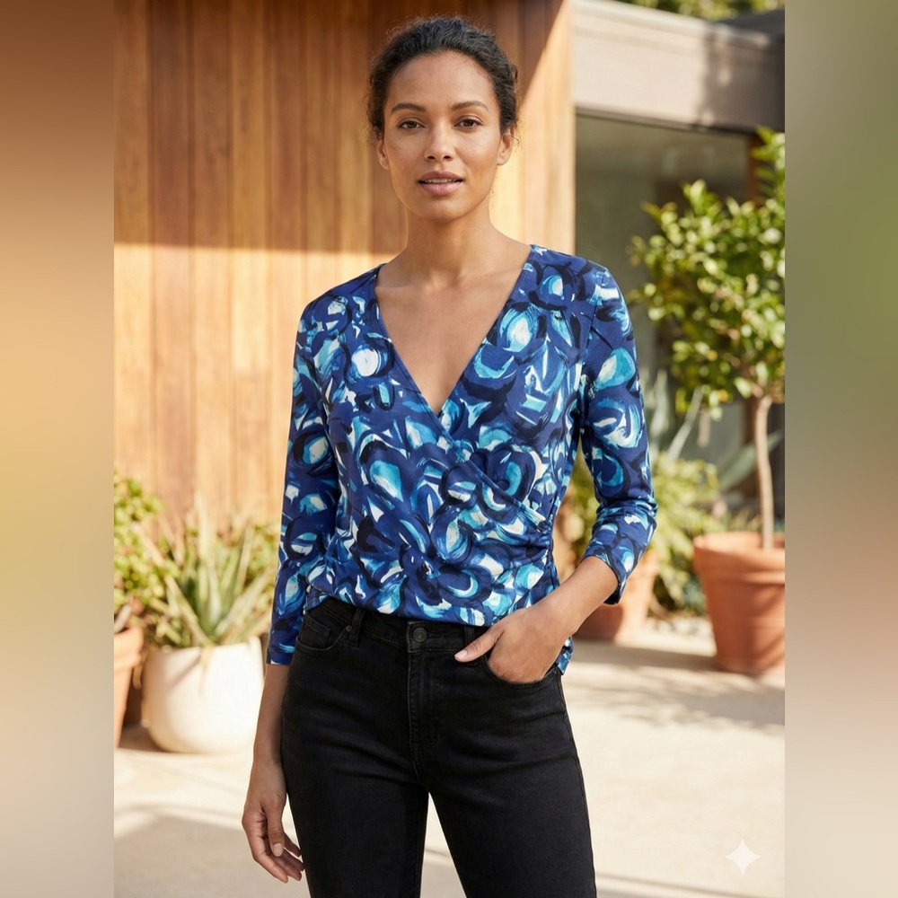 Chico's Blue Abstract Faux Wrap Blouse